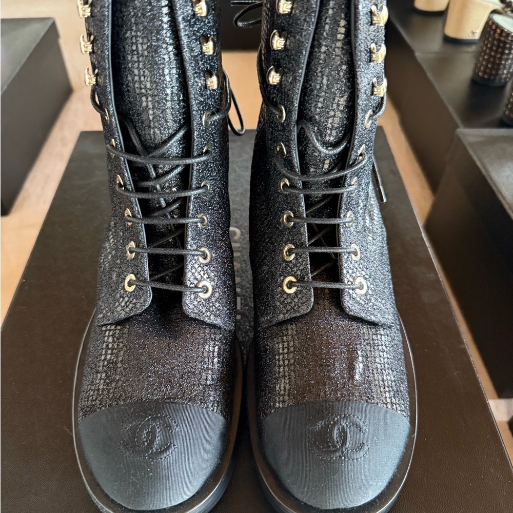 CHANEL Textured Black Combat Boots